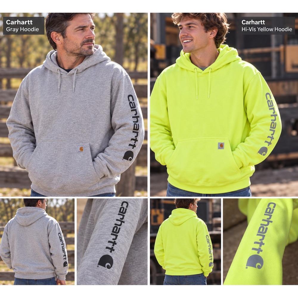 2 Carhartt Men's Medium Hoodies Gray Hi Vis Yellow Logo Sleeve Pullover Lot